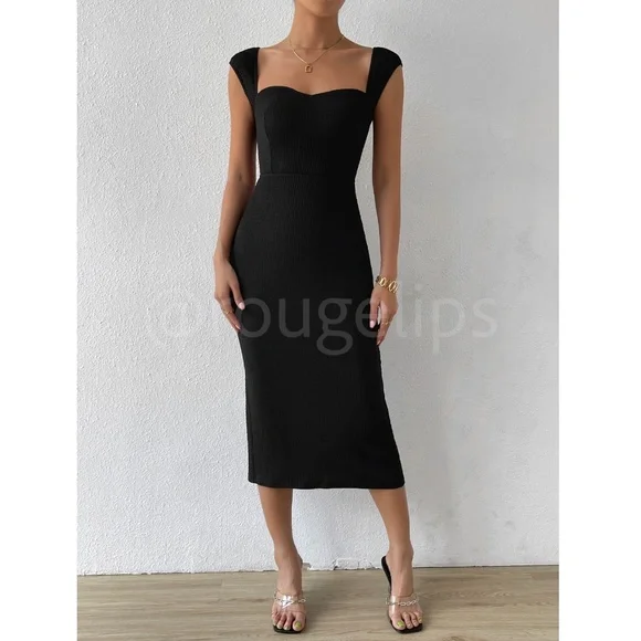 Sweetheart Neckline Decollete Black Pencil Dress Lace Up Back Slit Midi - Picture 5 of 9